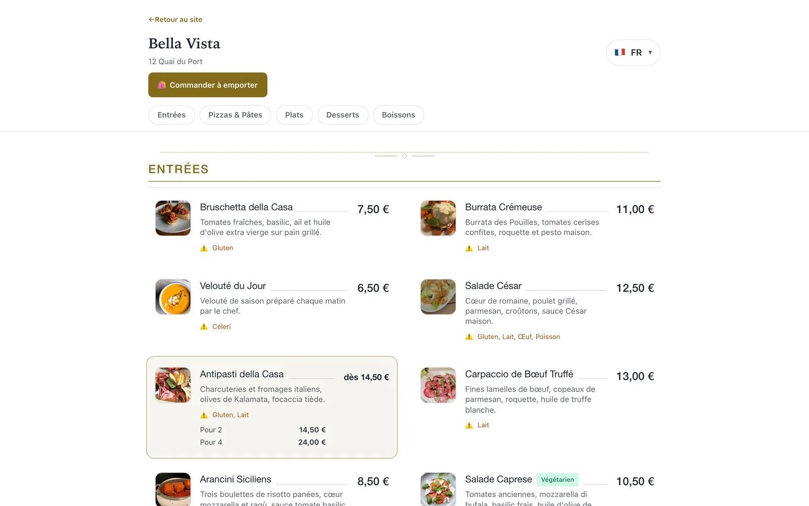 CallEat : la carte de Bella Vista, sur ordinateur