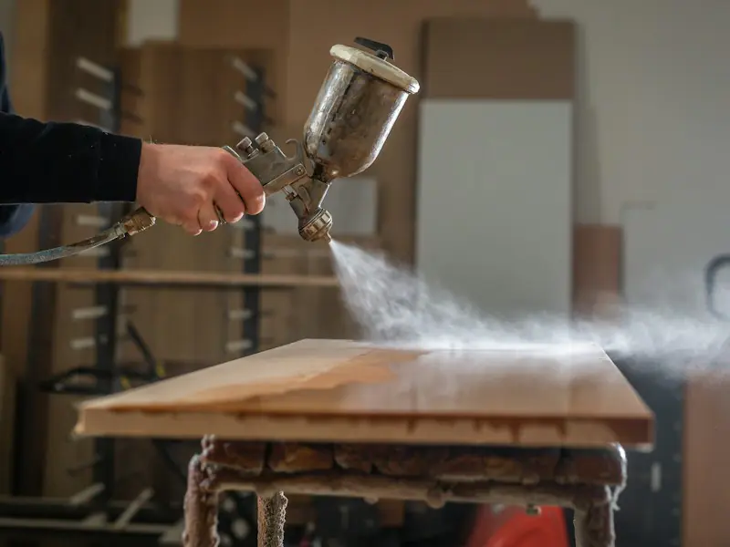 Vernissage au pistolet d’un plateau de table en bois