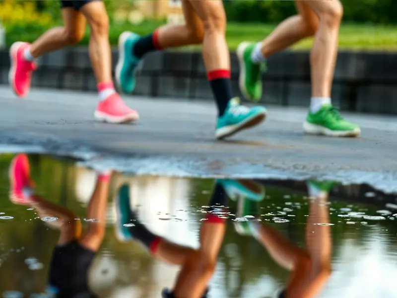 Foulées de coureurs reflétées dans une flaque